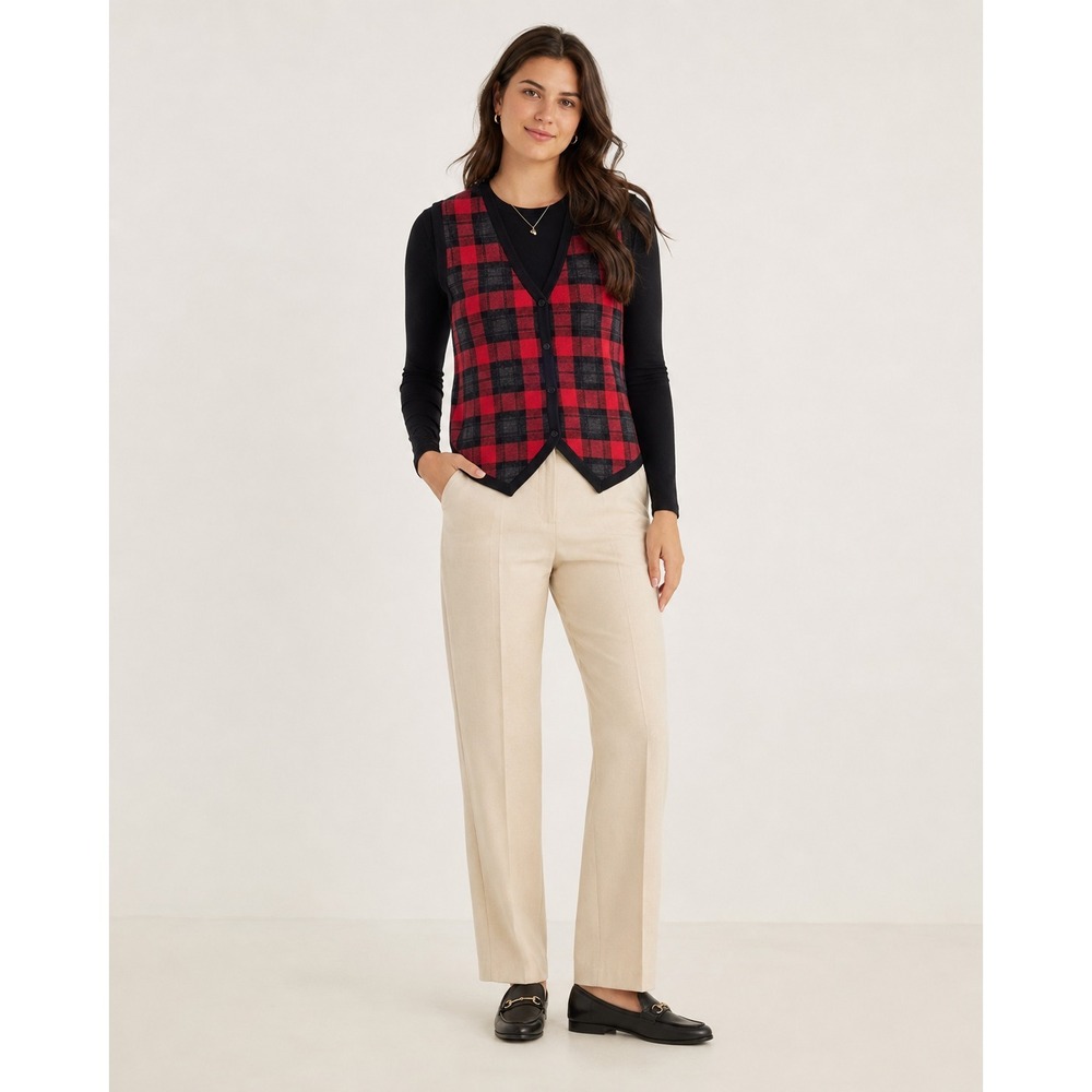 Talbots Wool Plaid Vest Womens Medium Black Red Velvet Button-Up Vintage